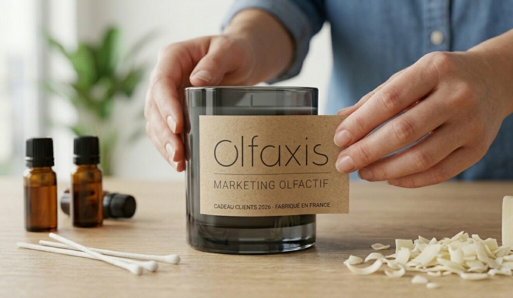 Fabrication artisanale cadeau d'affaires bougie personnalisée Olfaxis
