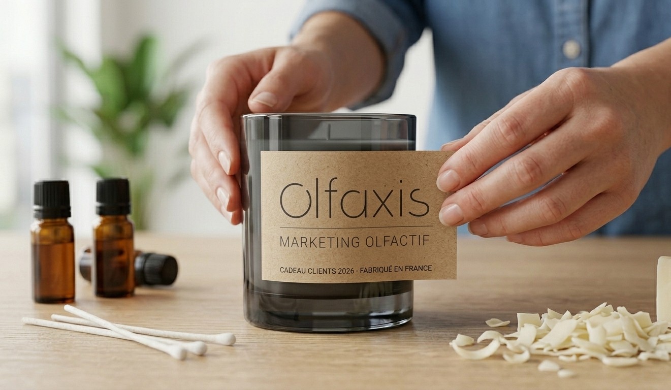"Le prestige d'un cadeau d'affaires bougie personnalisée signé Olfaxis."